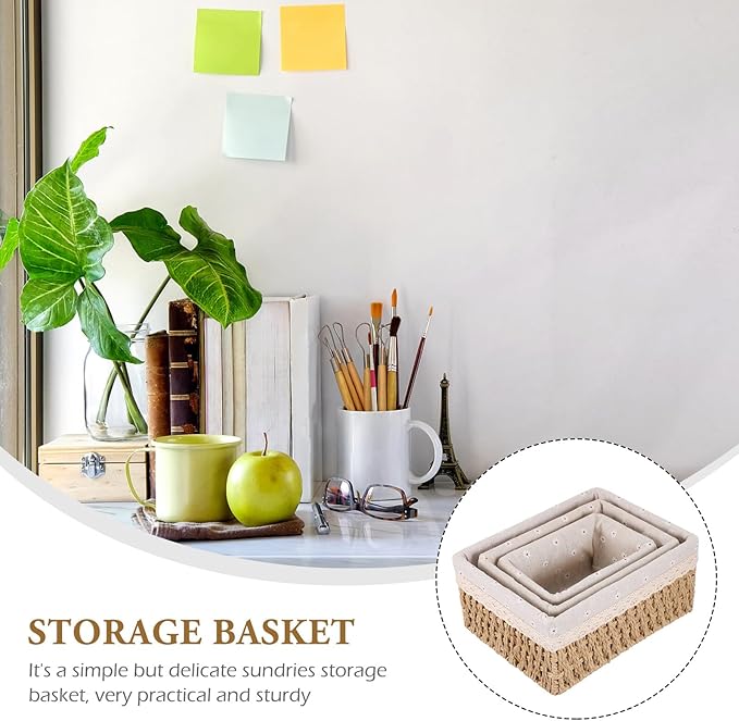 3pcs Woven Rattan Storage Basket for Desktop Organization Break-resistant Containers with Chic Beige Design for Home and Office Sundries Storage
