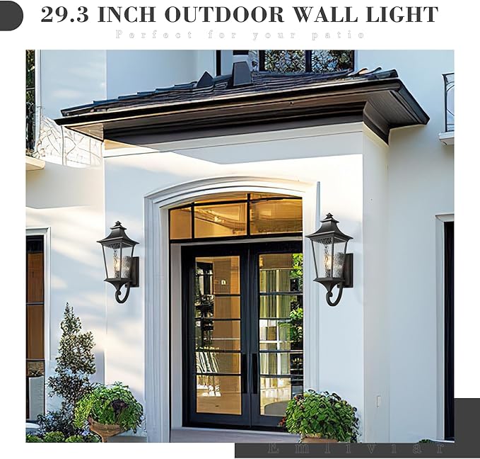 Emliviar 29.3" Large Exterior Wall Light, Outdoor Wall Sconce Suitable for House Porch, Water Ripple Glass in Black Finish, XE292UB-L SW BK