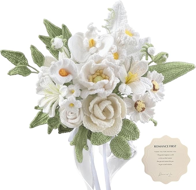 White Crochet Flowers Bridal Wedding Bride Bouquet Handmade Knitted Artificial Flowers Home Decor