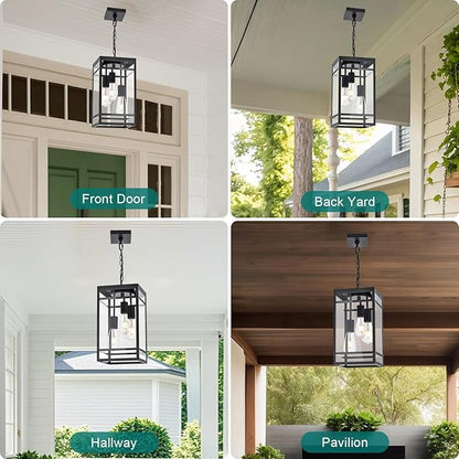 Large Outdoor Pendant Light for Porch, Black 3 Lights Outdoor Pendant Light Fixtures, Modern Hanging Light Fixture, Exterior Chandelier Hanging Lantern for Patio,Front Door