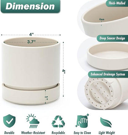 Phoenix Vine 4 Inch Planter Pot with Drainage Hole & Saucer, Deep Water Catch Tray, Straight Cylindrical Round Pot for Plants, Oatmeal, Pack of 2, 23-E-R-2
