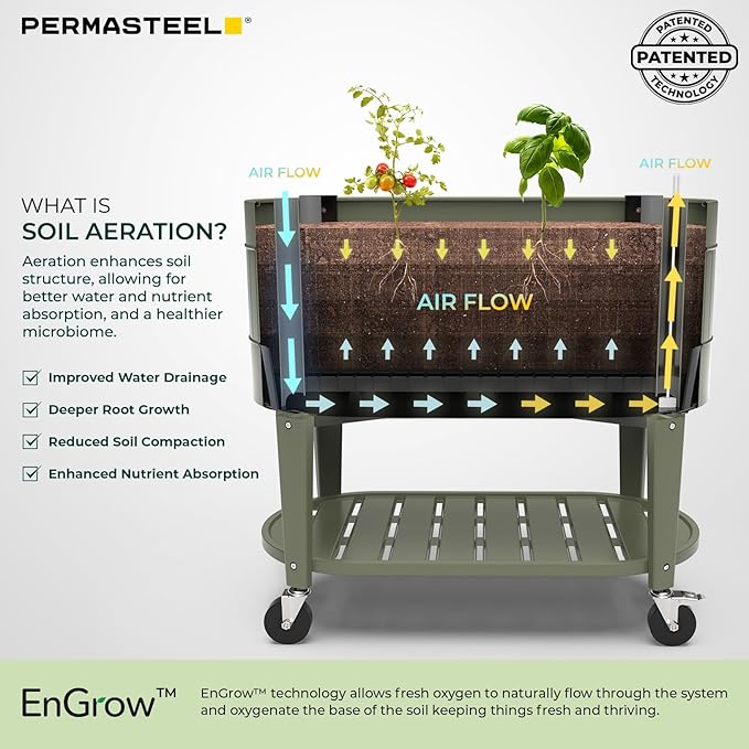 Permasteel Raised Garden Bed with Legs, Planter Box with EnGrow™ TrueSoil™ Technology for Vegetables, Flowers, Herbs, and Fruit, Outdoor Indoor, Storage Shelf, Caster Wheels, Green
