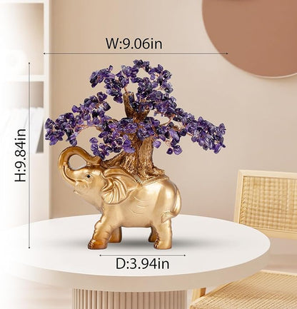 Amethyst Crystal Money Tree on Gold Mini Elephant Statue, 10”Gemstone Bonsai Tree of Life Home Décor Gifts for Wealth Positive Energy, Feng Shui Décor