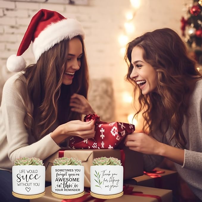Life Would SUCC Without You Succulent Cactus Cute Planter Pots with Bamboo Tray, Office Kitchen Home Windowsill Indoor Decor, Gift for Friends Mom Coworkers Teachers Plant Lovers