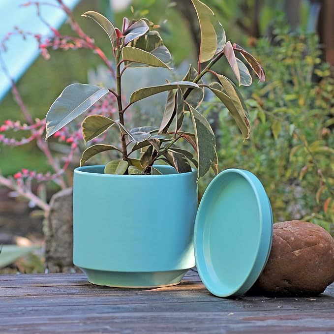 PLANTATOREM Ceramic 12 Inch Mid Modern Planter Pot with Drainage Hole and Saucer, Indoor Cylinder Round Flower Pot, Perfect for Planting Succulents, Herbs, Flowers, House Plants, Aqua Marine Satin