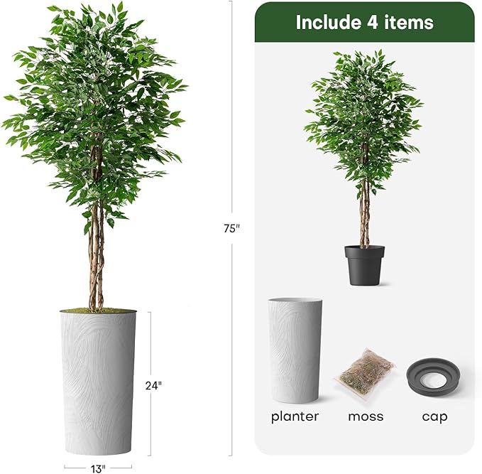 Artificial Tree in White Marble Effect Planter, Fake Ficus Silk Tree for Indoor and Outdoor Home Decoration - 75" Overall Tall (Plant Pot Plus Tree)