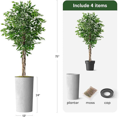 Artificial Tree in White Marble Effect Planter, Fake Ficus Silk Tree for Indoor and Outdoor Home Decoration - 75" Overall Tall (Plant Pot Plus Tree)