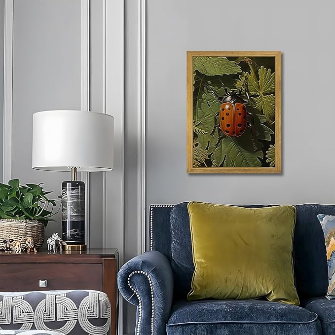 SAMHOU Framed Vintage Beetle Wall Art, 3D Textured Hand Drawn Sandstone Drawn Bug Artwork, Nature Botanical Wall Decor Painting, Rustic Woodland Cottagecore Oil Paintings 16''x24''
