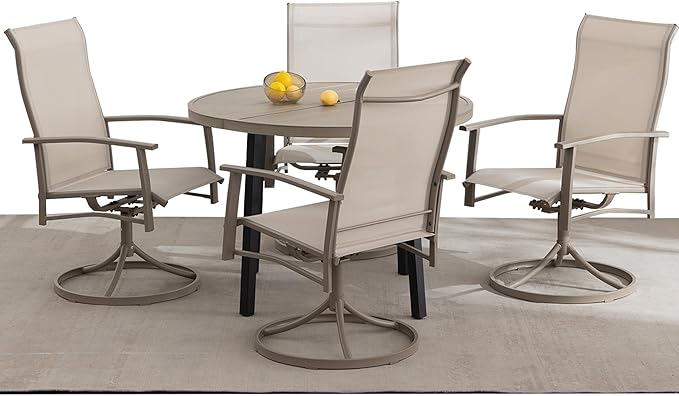 5 Piece Outdoor Dining Set, 42" Honey Oak Round Outdoor Dining Table with 4 Ivory Beige Swivel Patio Table and Chair Set of 4 for Lawn, Garden, or Porch