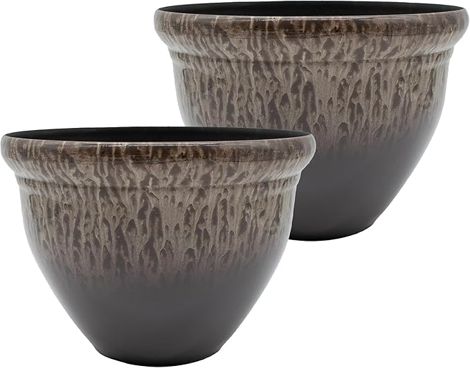 The HC Companies 9 Inch Pizzazz Round Planter Pots with Ceramic Look, Lightweight UV-Resistant Plastic Outdoor Planters, 2-Pack Flower Pots for Garden & Home Decor, Foggy Gray