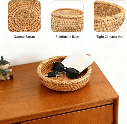 Small 7 Inch Natural Rattan Bread Basket,Handwoven Round Wicker Serving Bowls,Kitchen Wicker Fruit Basket Tray for Kitchen Counter Organizing Entryway Farmhouse Decor(7 Inch)