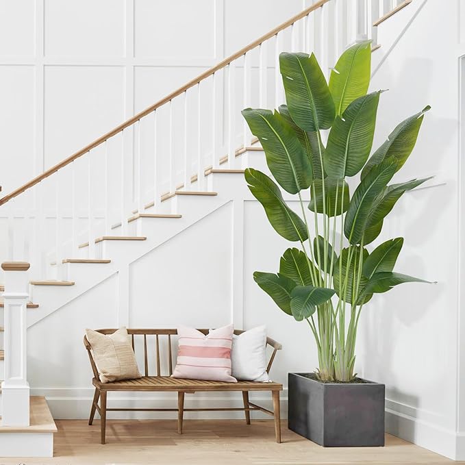 Artificial Bird of Paradise Plant 7.5Ft Tall Fake Tropical Palm Tree Large Fake Plants with 18 Silk Banana Leaves Faux Plant Indoor Decor Trees White Pot for Home Bedroom Living Room Office