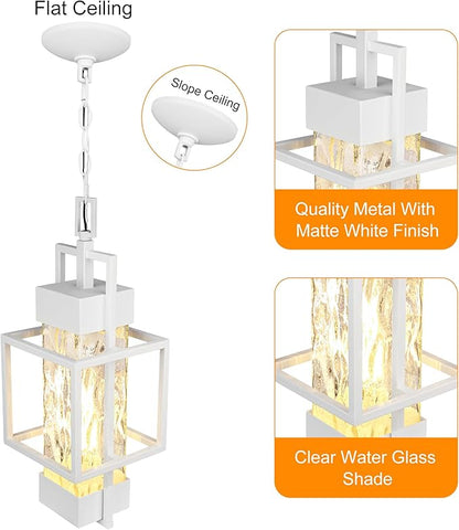 PARTPHONER 15" Outdoor Indoor Pendant Light Exterior Hanging Lantern, Modern Metal Outside Chandelier Light Fixture Ceiling Mount with Water Glass for Front Porch Entrance Foyer Entryway, White