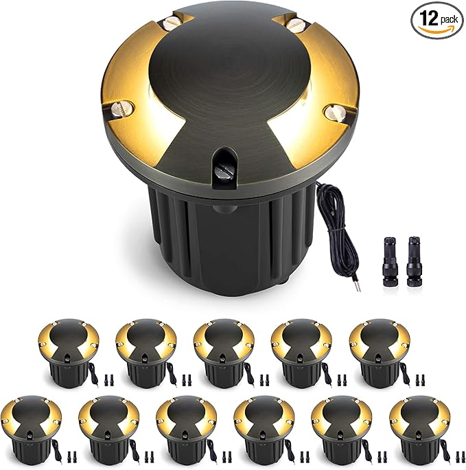 Gardenreet Landscape Well Lights Brass - Ip65 Hardwired Electric Low Voltage In Ground Lighting, LED 12V Waterproof Directional Fixture, Antique Bronze for Patio Deck Yard Without MR16 Bulb