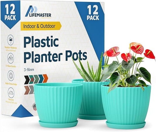 Aqua 6-Inch Plant Pots with Drainage & Saucers 12 Pack, Indoor & Outdoor Planters for Houseplants, Herbs, and Flowers, Durable & Weatherproof Material, Stackable, Lightweight, Minimalist Design