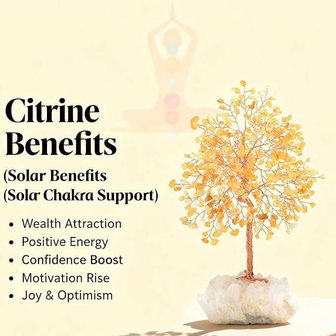 Gemstone Crystal Tree of Life,Natural Citrine with Row Clear Quartz Base,Chakra Healing Crystals Positive Energy Fengshui Decor Bonsai Money Tree,Home Decor Gift Height 8.5-9 Inches