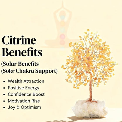 Gemstone Crystal Tree of Life,Natural Citrine with Row Clear Quartz Base,Chakra Healing Crystals Positive Energy Fengshui Decor Bonsai Money Tree,Home Decor Gift Height 8.5-9 Inches