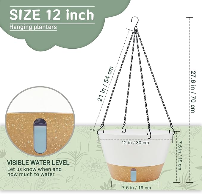 ZMTECH 2 Pack 12 Inch Hanging Planters, Large Hanging Plant Pot with Visible Water Level and Chain, Self Watering Hanging Flower Pot for Indoor Outdoor Garden Porch(White)
