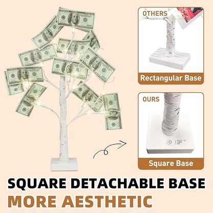 PABIPABI Money Tree Gift Holder, Set of 2 Birch Tree with 24 Clear Clips, Battery/USB Powered Timer Tabletop Trees for Home Party, Christmas, Wedding, Birthday Graduation (Warm White)
