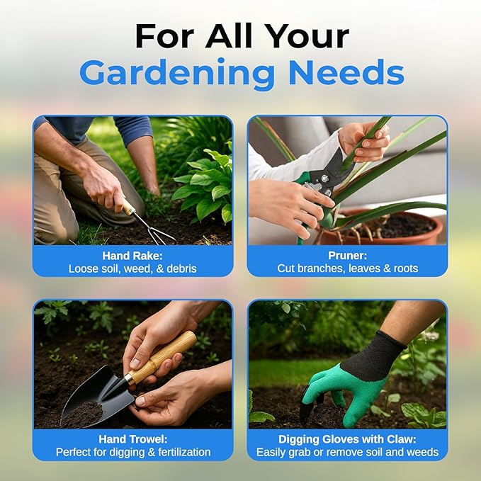 Scuddles 8-Piece Garden Tool Set with Bag, Stainless Steel Tools, Wooden Handles and Fingertip Claw Gloves for Digging, Landscaping and Heavy Gardening