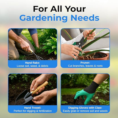 Scuddles 8-Piece Garden Tool Set with Bag, Stainless Steel Tools, Wooden Handles and Fingertip Claw Gloves for Digging, Landscaping and Heavy Gardening