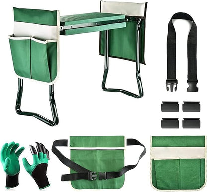 BDL Garden Kneeler and Seat, Upgraded Folding Bench Stool Portable Kneeler, Sturdy Gardening Tools with 2 Free Tool Pouch, Detachable Belt, A Pair of Garden Gloves, EVA Kneeling Pad