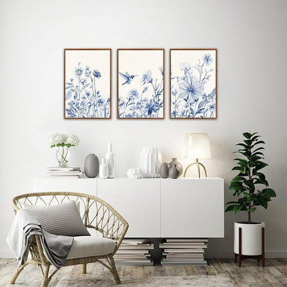 HLNIUC Bule Flower Bird Wall Art Set,Large Canvas Wall Art Blue White Wildflower Poster,Farmhouse Vintage Blue Bird Blossoms Canvas Painting,Botanical Floral Art Print for Living Room Bedroom-16"x24"x3