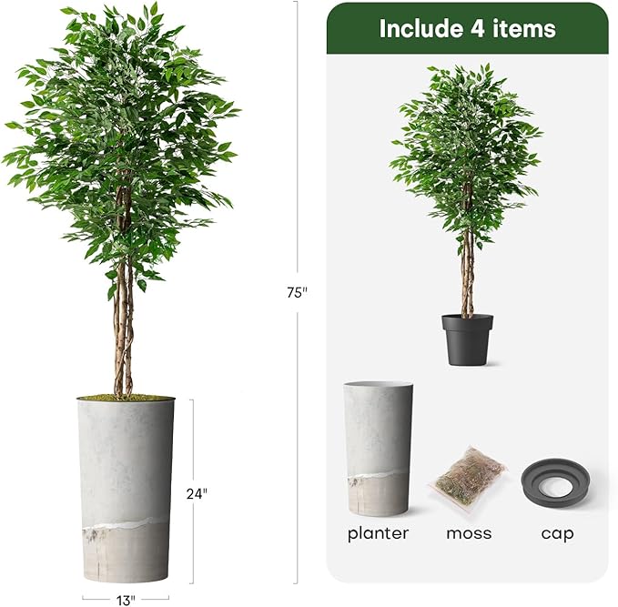 Artificial Tree in Gray Tan Watercolor Abstract Planter, Fake Ficus Silk Tree for Indoor and Outdoor Home Decoration - 75" Overall Tall (Plant Pot Plus Tree)