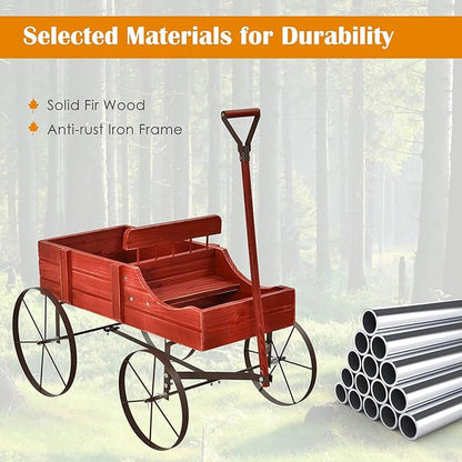 Goplus Wagon Planter, Decorative Wooden Garden Planter with Wheels, 2 Planting Sections and Adjustable Handle, Indoor Outdoor Backyard Balcony Decor (Red)