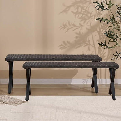 46" Patio Rattan Backless Bench Set of 2, All-Weather Outdoor Bench for Garden Backyard, Porch, or Lawn