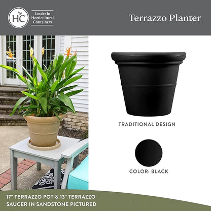 The HC Companies Terrazzo Large Round Plastic Plant Pot w/Rolled Rim - Lightweight & UV Resistant Gardening Pot for Herbs & More - Outdoor & Indoor Plant Pots w/Drainage (24”, Black, Pack of 2)