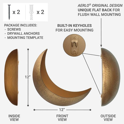 Wall Mounted Metal Moon Planter - Hanging Crescent Pot for Succulents, Air Plant, Cactus - Boho Indoor Outdoor Moon Wall Decor - Witchy Plant Gifts - Rustic Gold