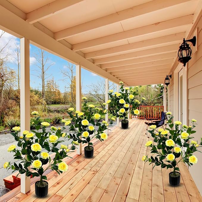 WAYNHUI Tall Artificial 2Pack Yellow Camellia Tree Potted Bushes UV Resistant Potted Plants for Indoor Outdoor Home Garden (2Pack Yellow Camellia Tree), xyc-2