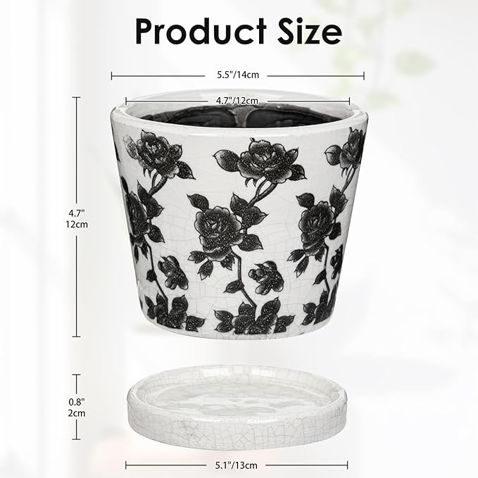 Ceramic Pot for Indoor Plants - 5.5 inch Flower Pot for Plants with Drainage Holes and Saucer Ice Crack Diamond Rose Flower Pattern Ceramic Planter for Outdoor Indoor Herb Snake Plant (Black & White)