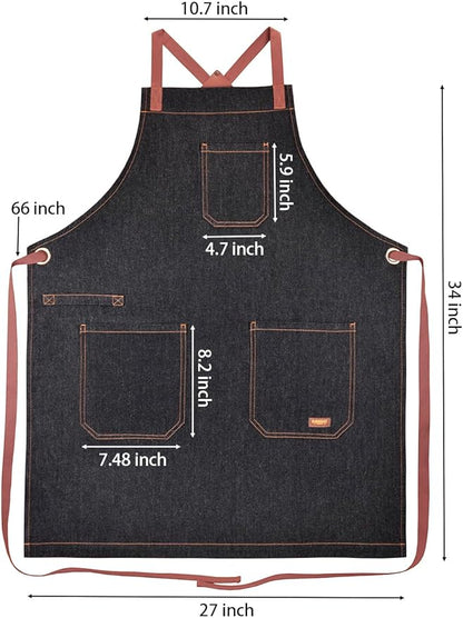 Professional Apron with Pockets, Mens Womens Chef Kitchen Bib Black Denim Apron for Cooking Grill BBQ Server, with Cross Back Straps and Towel Loop