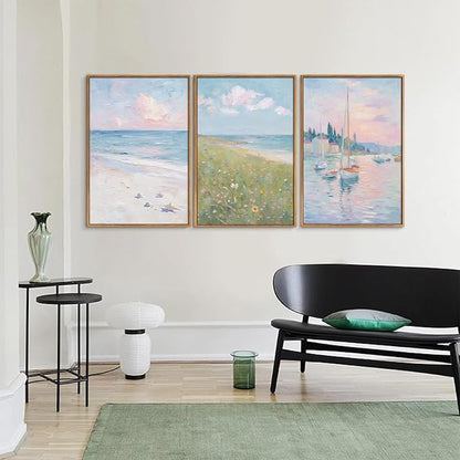 Rantodecor Impressionist Framed Canvas Wall Art, Blue and White Pink Beach Wall Decor, Pastel Preppy Sailboat Posters Art Prints, Coastal Beach House Artwork for Bedroom Living Room Office 16"x24"x3