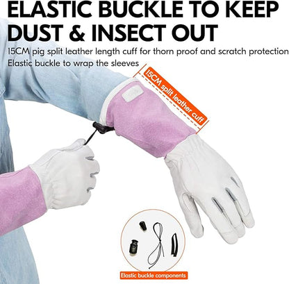 Vgo... 1-Pair Premium Genuine Goat Leather Extra-Long Cuff Thornproof Gardening Gloves (Size M, Pink White, GA1013)