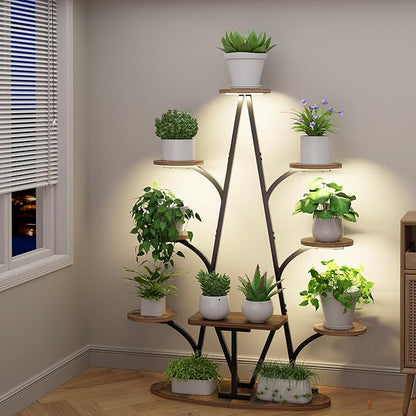 Plant Stand Indoor with Grow Lights - 51" Tall Christmas Tree-Shaped Corner Plant Shelf, 9 Tiered Metal Plant Rack with Adjustable Brightness & Timer, Sturdy Display Stand for Plants, Balcony Decor (Black)