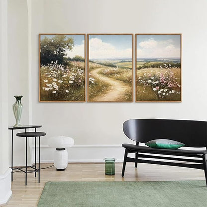 Rantodecor Rustic French Country Framed Canvas Wall Art, Vintage Flower Field Wall Decor, Calming Nature Landscape Art Paintings, Modern Wildflower Artwork for Farmhouse Bedroom Living Room 16"x24"x3