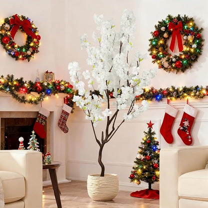 7.2ft Tall Artificial White Cherry Blossom Tree Indoor Decor, Fake Silk Flower Cherry Tree Plant Outdoor, Faux Flowering Tree Christmas New Year Home Decor