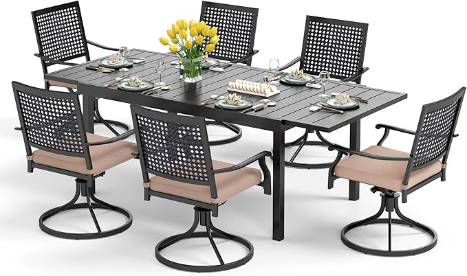 PHI VILLA Outdoor Patio Dining Table and Chairs Set of 7 Pieces Patio Furniture Set Metal Extendable Table and 6 Black Swivel Dining Chairs with Cushion for Bistro Backyard Garden