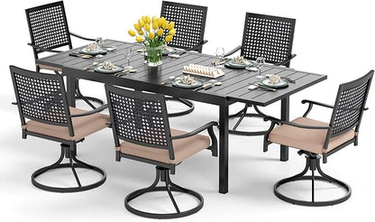 PHI VILLA Outdoor Patio Dining Table and Chairs Set of 7 Pieces Patio Furniture Set Metal Extendable Table and 6 Black Swivel Dining Chairs with Cushion for Bistro Backyard Garden
