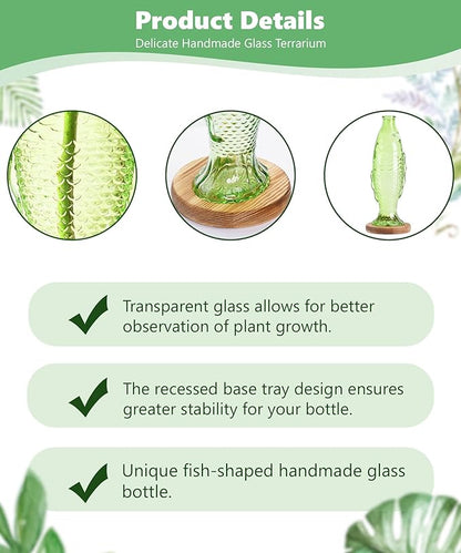 Nacome Fish Vase Propagation Stations: Glass Plant Terrarium with Wooden Stand for Home Office Desk Decor, Unique Gifts for Plant Lovers Women Mom (Green)