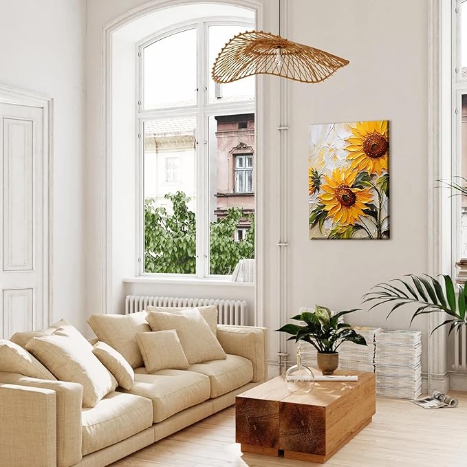 Sunflower Canvas Wall Art Abstract Sunflower Texture Landscape Wall Decor Artwork Yellow Floral Pictures Paintings Modern Botanical Posters Print Living Room Dining Room Kitchen Decor 16×24 Inch