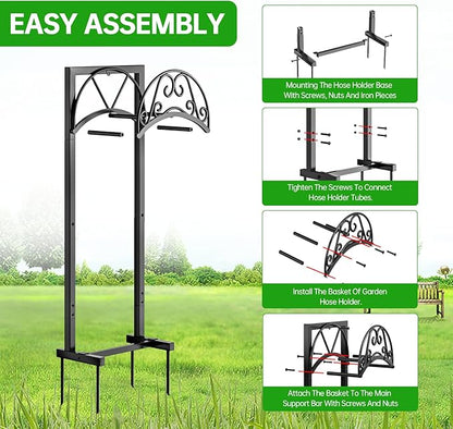 GREENER Garden Hose Holder GREENER Detachable Water Hose Holder Freestanding Heavy Duty Metal Hose Hanger Holds 150-feet Hose,Outdoor Hose Holder Storage For Outside Yard Lawn,Black