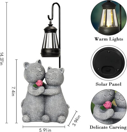 Outdoor Cat Garden Statues with Solar Lantern, Solar Lantern Cat Figurines Decor for Yard, Lawn, Porch & Patio, Unique Housewarming/Birthday Gifts for Women