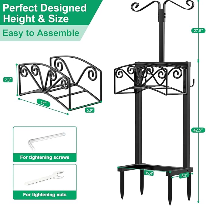 TomCare Garden Hose Holder with 2 Shepherds Hooks Heavy Duty Water Hose Holder Holds 160 FT Hoses Sturdy Hose Reel with 2 Tool Hooks Freestanding Outdoor Hoses Storage Hanger for Outside Yard, Black