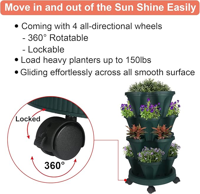 GameXcel Vertical Planter 4 Tier Stackable Planters Garden Planters Strawberry Herb Flower and Vegetable Planter Indoor Outdoor Gardening Pots with Removable Wheels and Tools 2-Pack