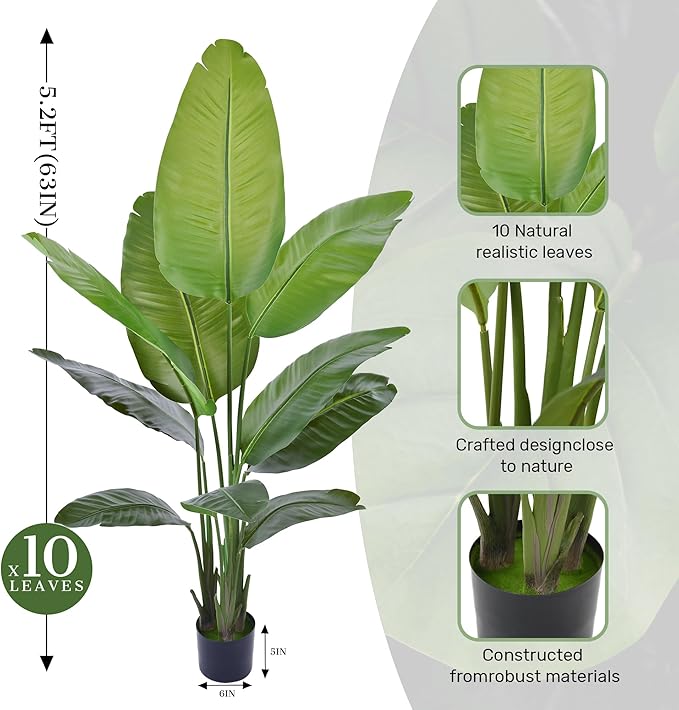Artificial Bird of Paradise Plant 5Ft, Floor Silk Banana Leaf Plant with 10 Leaves, Faux Palm Tree with Plastic Pot for Indoor House Home Office Garden Modern Decoration