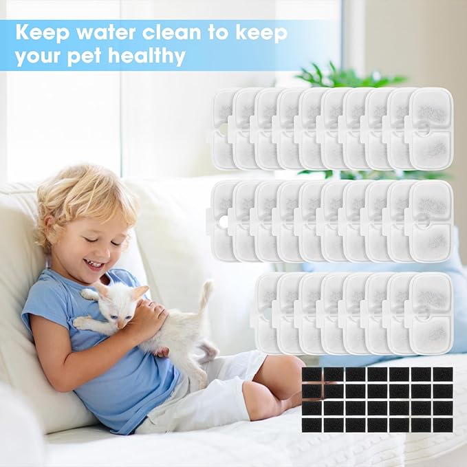 28+28 Pack Cat Water Fountain Filters, Pet Water Fountain Filters Replacement for Dog/Cat Stainless Steel Fountain PLWF005/PLWF115/PLWF105, 14 Months Set to Keep Drinking Fresh